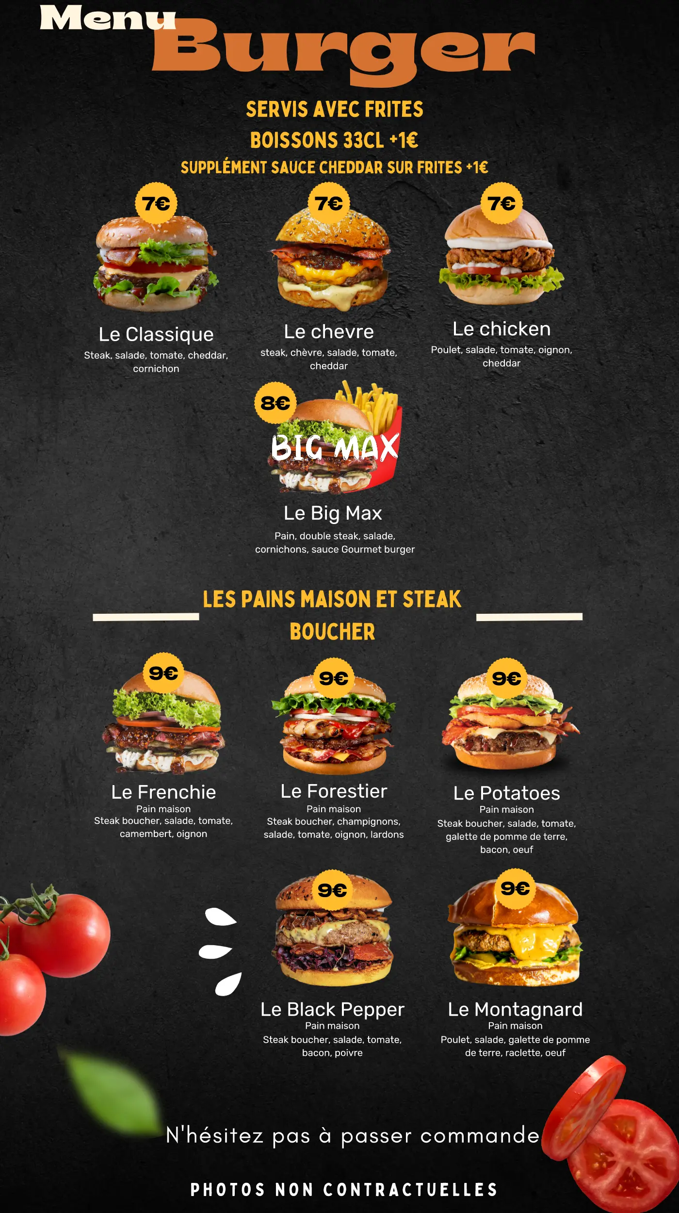 Image de nos differents hamburger et de leurs ingredients